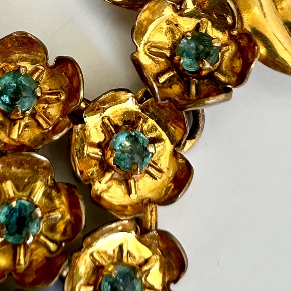 Vintage Gold Filled Floral Necklace — Turquoise Crystal Accents — Signed - Picture 7 of 9